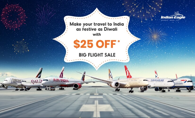 Indian Eagle discount offer, Diwali discount offers in USA, cheap flight tickets to India, best USA-India flight deals