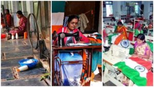 Indian women at work, women making Tricolor Bengeri Karnataka, making of Indian National Flag