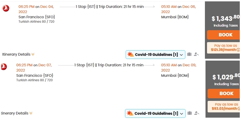 cheap SFO to Mumbai flights deals, SFO to BOM air tickets December, weekday travel vs weekend travel