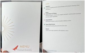 Air India premium economy seats, Air india B777-200LR premium economy menu