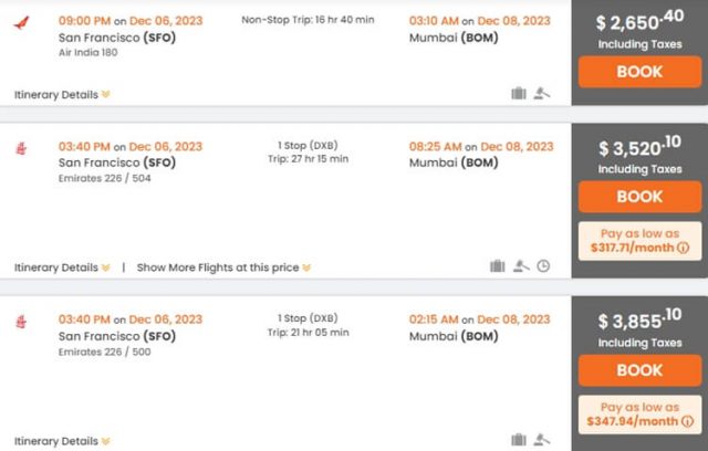 Air India premium economy fares vs Emirates premium economy fares