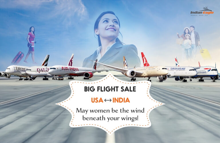 Women's Day offer on flights, Indian Eagle flight discount deals, USA to India flight tickets discount