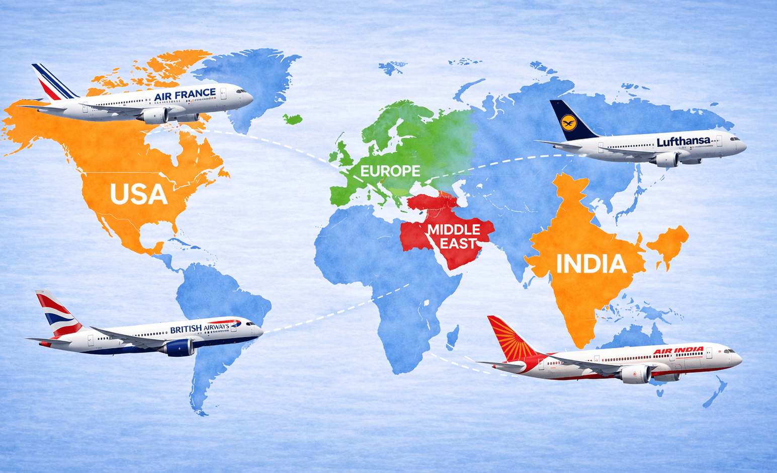 additional flights to India, safe US to India routes, safe international airspaces, middle-east travel disruptions