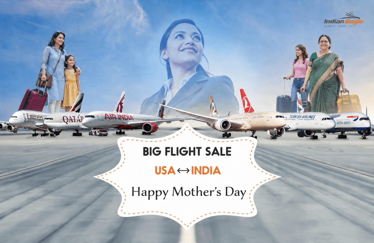 Indian Eagle discount codes, Mother's Day flight sale, Mother's Day 2026, Indian Eagle flight deals, Mother's Day flight offers