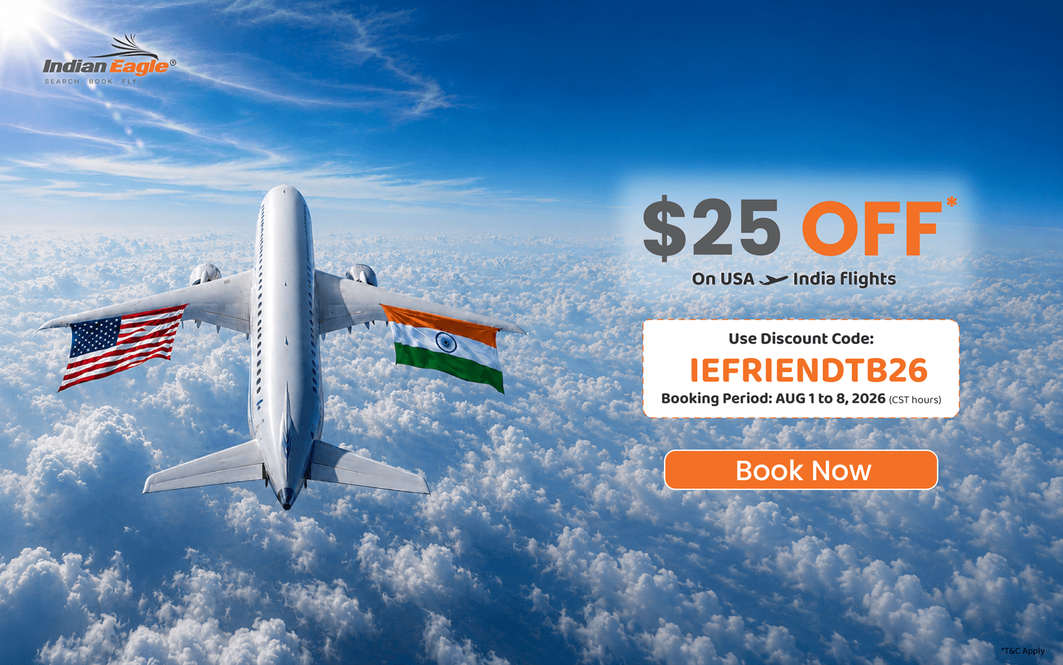 Indian Eagle discount coupons, Indian Eagle coupon, cheap Indian Eagle flight tickets, US to India flight discounts